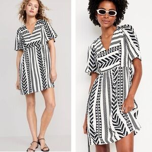 Old Navy Woman White Black Cotton Aztec Tribal Swing Relax Dress LARGE Tall Boho